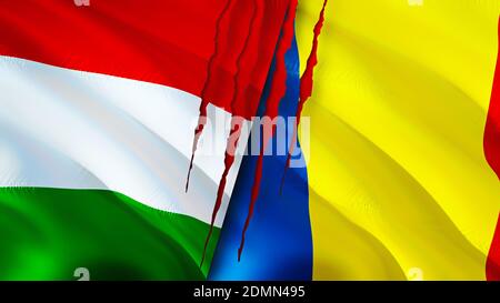 Hungary and Romania flags with scar concept. Waving flag,3D rendering. Hungary and Romania conflict concept. Hungary Romania relations concept. flag o Stock Photo