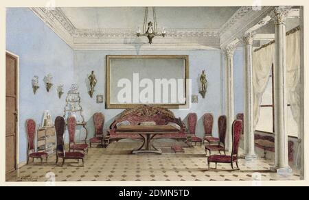 Salon Interior, A. Redkovsky, Russian, active mid–19th century, Brush and watercolor and gouache over graphite on white wove paper, This is an interior view of a salon with a high ceiling, a doorway on the left and a three-columned alcove at right with a curtained window behind. A large carved settee is placed against the back wall beneath a mirror, extending the full length of the settee, and flanked by military figures on wall brackets; in front of the settee is a table. A corner etagere in the left rear displays glass and silver objects.