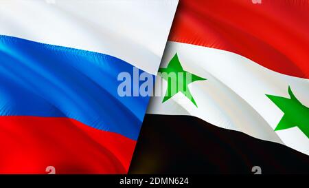 Russia and Syria flags. 3D Waving flag design. Russia Syria flag, picture, wallpaper. Russia vs Syria image,3D rendering. Russia Syria relations allia Stock Photo