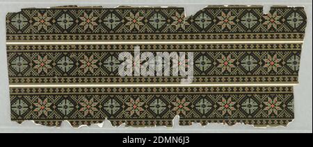 Border, Machine-printed paper, flocked, gilt, Graduated pattern of stars and rosettes outlined in black flock. Colored dots of green, blue, orange-red and red, combine with gilt dots on a medium brown ground., USA, 1880, Wallcoverings, Border Stock Photo