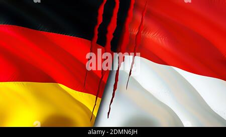 Germany and Indonesia flags with scar concept. Waving flag,3D rendering. Germany and Indonesia conflict concept. Germany Indonesia relations concept. Stock Photo