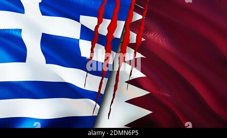 Qatar and Greece flags with scar concept. Waving flag,3D rendering ...