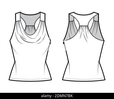 Tank racerback cowl top technical fashion illustration with ruching, fitted body, tunic length. Flat apparel outwear shirt template front, back, white color. Women, men unisex CAD mockup Stock Vector