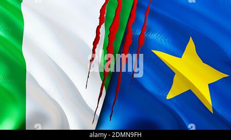 Nigeria and DR Congo flags with scar concept. Waving flag,3D rendering. Nigeria and DR Congo conflict concept. Nigeria DR Congo relations concept. fla Stock Photo