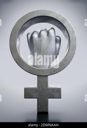 Iron fist inside the female symbol. 3D illustration. Stock Photo