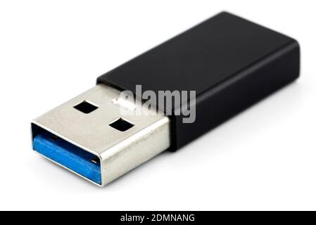 Macro shot of the USB type-C to USB type-A 3.0 adapter, isolated on a white background. Stock Photo
