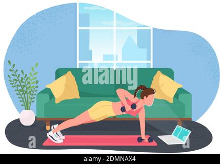 Woman working out while working 2D vector web banner, poster Stock Vector