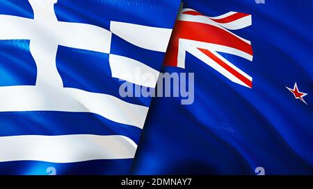 Greece and New Zealand flags. 3D Waving flag design. Greece New Zealand flag, picture, wallpaper. Greece vs New Zealand image,3D rendering. Greece New Stock Photo