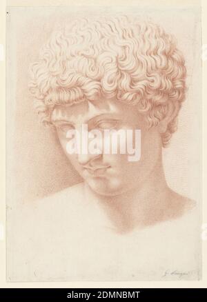 Head of Apollo, Giuseppe Longhi, Italian, 1766–1831, Color pencil on cream paper, Drawing of the head of Apollo, the Greek and Roman god of the sun, light, music, prophecy, healing, and poetry, from a classical statue. His head, containing thick, curly hair, is facing one-quarter right and tilted slightly downward. The drawing is rendered by means of cross-hatching., northern Italy, Italy, 1790–1830, figures, Drawing Stock Photo