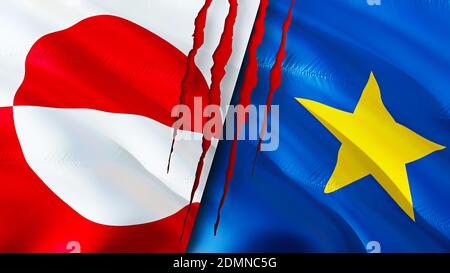 Greenland and DR Congo flags with scar concept. Waving flag,3D rendering. Greenland and DR Congo conflict concept. Greenland DR Congo relations concep Stock Photo