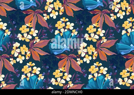 Vector floral seamless pattern. Yellow, blue flowers. Stock Vector