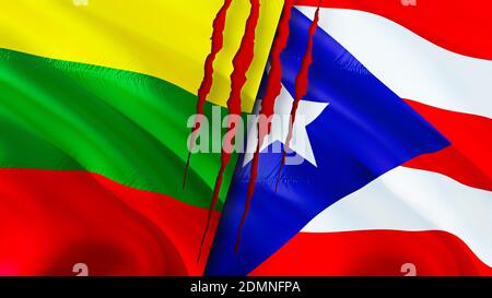 Lithuania and Puerto Rico flags with scar concept. Waving flag,3D rendering. Lithuania and Puerto Rico conflict concept. Lithuania Puerto Rico relatio Stock Photo