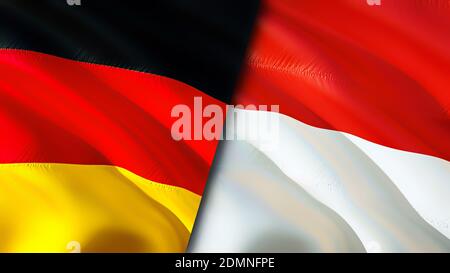 Germany and Indonesia flags. 3D Waving flag design. Germany Indonesia flag, picture, wallpaper. Germany vs Indonesia image,3D rendering. Germany Indon Stock Photo