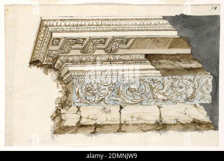 Fragment of Entablature in the Classical Style, Unknown, Italian, Pen and black ink, brush and blue, brown, and gray wash, slight traces of graphite on white laid paper, Depiction of a left corner fragment of an entablature, partially overgrown with plants, featuring a banded frieze with rinceaux and dragon motifs upon a blue ground., Italy, ca. 1770–90, architecture, Drawing Stock Photo