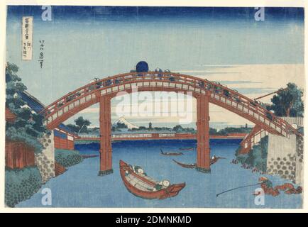 Under Mannen Bridge at Fukagawa,(Fukagawa Manne-bashi no shita) from Thirty-Six Views of Fuji, Woodblock print in colored ink on paper, This landscape view features a crowded bridge, filled with pedestrians. Below, a body of water decorated with boats and fishermen. Located on the bottom right is a man sitting on a pile of rocks, fishing, alone. In the distance, snow-covered Mt. Fuji and two pagodas. This print is from the series, Thirty-six Views of Mt. Fuji (Fugaku Sanjuroku Kei)., Japan, ca. 1830, landscapes, Print Stock Photo