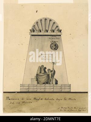 Elevation of a Sepulcher Monument, Matteo Torelli, Italian, Pen and black ink, brush and gray, brown and blue watercolor, graphite on off-white wove paper, A stele rises upon a dado of three rows of blocks. An angel with torch stands with one hand on the lap of a seated veiled figure. Written above the group: Laorimis. Meg. / Sunt. Panes. Dieg. / Hao (?), Italy, 1822, architecture, Drawing Stock Photo