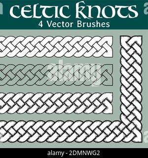 4 different versions of a brush with Celtic knots: with white filling, without filling, with shadows and with a black background. All brushes include Stock Vector