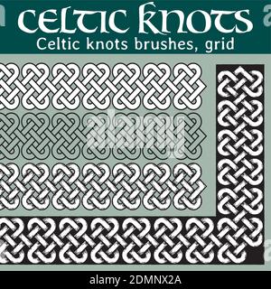 4 different versions of a brush with Celtic knots: with white filling, without filling, with shadows and with a black background. All brushes include Stock Vector