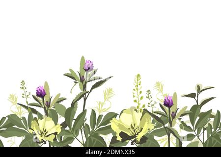 Vector floral seamless pattern, border with yellow and purple flowers  Stock Vector
