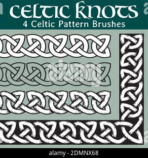 4 different versions of a brush with Celtic knots: with white filling, without filling, with shadows and with a black background. All brushes include Stock Vector