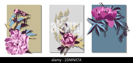 Vector floral card with peonies. Purple peony flowers and buds Stock Vector