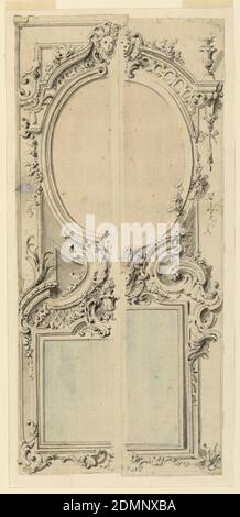 Design for a Panel with Two Mirrors, Pen and black ink, brush and watercolor, graphite on paper, The edge of the design of right half (2) is pasted over that of a left half (1). Either design includes an upper oval and a lower oblong mirror. (1) suggests horizontal lower mirror, (2) vertical lower mirror. Either design suggests a female mask in the top center of the upper mirror, (A) a second one in the bottom center of the upper mirror and a vase over the center of the bottom mirror., France, before 1742, architecture, Drawing Stock Photo