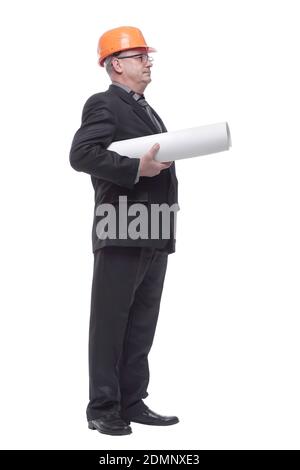Side view happy male architect holding blueprints Stock Photo
