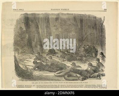 The Army of the Potomac – Our Outlying Picket in the Woods, Winslow Homer, American, 1836–1910, Harper's Weekly, Wood engraving in black ink on paper, Soldiers lying in the woods with rifles aimed. Upper half of the page., USA, June 7, 1862, figures, Print Stock Photo