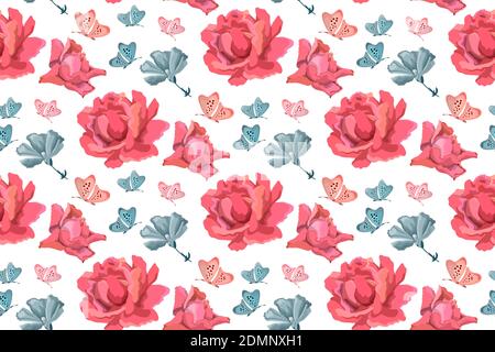 Vector floral seamless pattern. Flowers background with pink roses Stock Vector