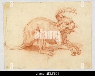 A Grotesque Beast, Red chalk, white heightening on paper, An animal seen in profile. It has horns, ridges along its spine, a tail and bifurcated tongue., Italy, ca. 1600, figures, Drawing Stock Photo