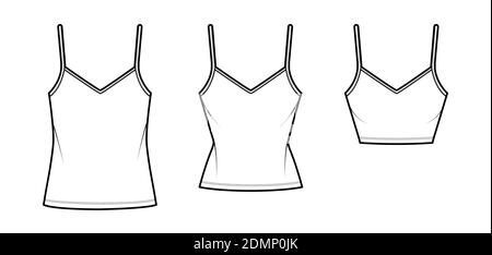 Set of Camisoles V-neck cotton-jersey top technical fashion illustration with thin straps, oversized or slim body, tunic or crop length. Flat tank template front white color. Women men CAD mockup Stock Vector