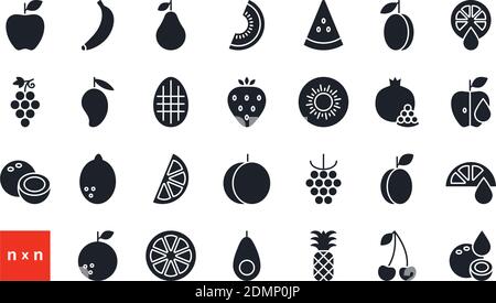 Set of vector icons. Fruits and berries. Black isolated silhouette. Fill solid icon. Modern minimalistic design Stock Vector