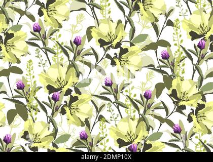 Vector floral seamless pattern. Yellow flowers, green leaves Stock Vector
