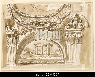 Design for ceiling decoration, Pen and brown ink, brush and brown wash on off-white laid paper, lined, Horizontal rectangle. The lower part is a variation of the scheme of -1522. The supports consist of fluted consoles upon which two children are seated beside a flower pot in front of a shell at right. Half of a similar motif is upon the support at left. A landscape with a Doric temple in ruins and pyramids are shown. The upper part suggests an ovoidal painting in rich framing. At right is an imaginary arch double the width of that at left., Italy, 18th century, interiors, Drawing Stock Photo