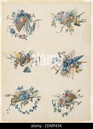 Six Trophies with the Attributes of Gardening, Pierre Ranson, French, 1736–1786, Graphite, pen and ink, brush and gouache on paper, Two columns of six gardening trophies. Upper left: cornucopia filled with plants and a pumpkin, a crossed pick and hoe; upper right: a basket filled with plants and fruit, with crossed scythe and shovel; center left: a water jug, hoe, scythes, planter and flowers; center right: a triangular tree, wild flowers, scythe, ladders; lower left: wheelbarrow holding vegetables including turnips, squash and cabbages; lower right: a cornucopia filled with fruits and flowers Stock Photo