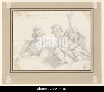 Two Roman Soldiers in Conversation, Giuseppe Longhi, Italian, 1766–1831, Graphite on cream paper, laid down, Two soldiers in Roman uniform are shown on a cloud facing each other. The right hand man is seated with his left arm raised while conversing with the other., northern Italy, Italy, 1790–1830, figures, Drawing Stock Photo