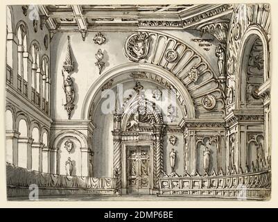 Stage Design, Council Room in Two Gothic Styles, Romolo Achille Liverani, Italian, 1809 - 1872, Alessandro Sanquirico, Italian, 1777 - 1849, Pen and brown ink, brush and gray wash, graphite on wove paper, Horizontal rectangle. Interior of Gothic council room in two versions with rows of seats on either side., Italy, early 19th century, theater, Drawing