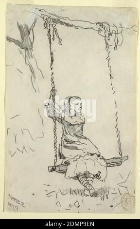 Girl on a Swing, Winslow Homer, American, 1836–1910, Graphite on off-white wove paper, Vertical view of a girl seated on a swing, hung from the branch of a tree, looking to her left and holding with both hands the rope on her right., USA, 1879, figures, Drawing Stock Photo