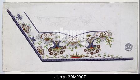 Design for the Embroidery of a Man's Waistcoat, Unfinished, Tracing, graphite, brush and gouache on paper, For the left bottom corner of a man's waistcoat. Flower bunches alternate with fantastical plant motifs, both upside down, are under the pocket. Floral motifs and a garland along the outer edges., France, 1780–1790, Drawing Stock Photo