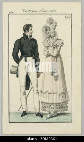 Costumes Parisiens from Le Journal des Dames et des Modes, 1815, plate 44, Hand-colored engraving on off-white laid paper, Woman's and man's clothing 'à la angloise' from Journal des Dames et Des Modes, 1815., 1815, costume & accessories, Print