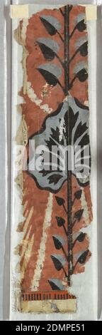 Sidewall - fragment, Block-printed on handmade paper, a) Vertical motif of stem with small black and blue leaves alternating with large blue leaves with black petals on a terra cotta ground, and enclosed by tear-shaped white lines. On sides of vertical element are diagonal white lines suggesting draped curtains; b) Same as 'a' except with remains of red-orange, black and white border; c) Part of the draped curtain design, red on white., possibly France, 1814–24, Wallcoverings, Sidewall - fragment Stock Photo