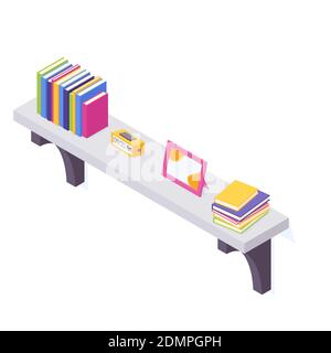 Books on shelf in isometric vector illustration. Stock Vector