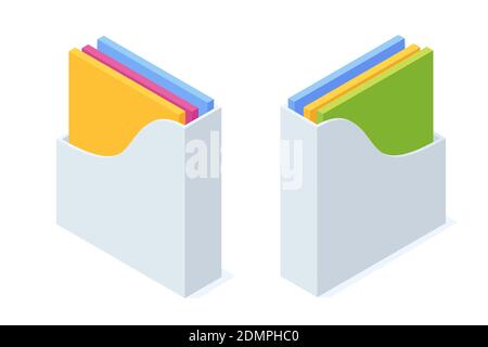 Isometric office paper tray with colorful folders and file document. Stock Vector