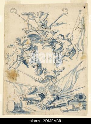 Project for the Coat of Arms of a Cardinal, Pencil, pen, black ink watercolor washes on paper, The escutcheon shows two eyes; it is topped by a diadem and two pastoral staffs and is held by two angels. Maltese cross behind the escutcheon. An angel holds a miter and a cardinal's hat on top. The supporting angel at right holds a standard with the crossed keys in his left hand; trophy of arms at the bottom., ca. 1750, ornament, Drawing Stock Photo