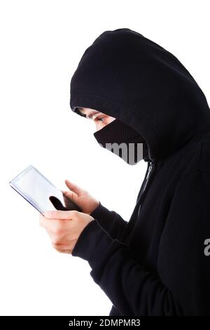 Hacker with a Tablet Computer on the White Background Stock Photo