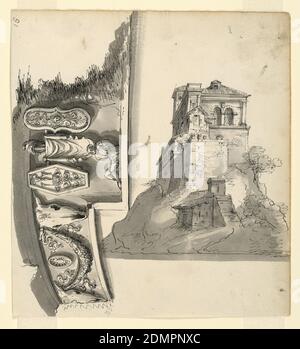 Frieze in Classical Style, A Villa Upon a Hill, Romolo Achille Liverani, Italian, 1809 - 1872, Pen and black ink, brush and bistre, gray watercolor, graphite on paper, Vertical rectangle. At left, horizontally, a fragment of an entablature with a high frieze whose lower edge is formed like a step. At left, a festoon supported by two mermaids; at right, a trophy with the figure of a captive bound to it. At right, a villa upon the peak of a hill, with a peasant house below., Italy, ca. 1840, architecture, Drawing Stock Photo