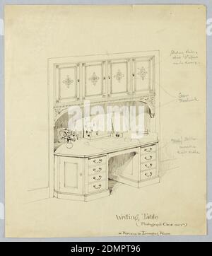 Design for Writing Desk Built into Alcove, A.N. Davenport Co., Pen and black ink on thin cream paper, Writing desk in built-in niche; front has four small horizontal drawers on either side of open center; single vertical drawer set into both canted front corners; writing utensils, vase of flowers, and book on top; above, four vertical cupboard drawers supported by spandrels and with inlaid ornament., 1900–05, furniture, Drawing Stock Photo