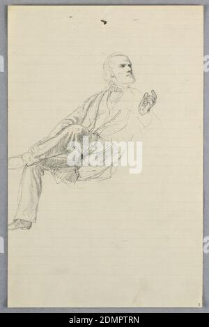 Study for 'Scientific Group', Daniel Huntington, American, 1816–1906, Graphite on lined white laid paper, Man seated facing slightly left, his head turned to the right. His left ankle on the right knee., London, United Kingdom, USA, 1858, figures, Drawing Stock Photo