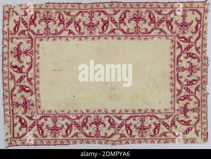 Table cover, Medium: silk on linen Technique: embroidered, Rectangular table cover in a geometric floral pattern in red silk on linen., Italy, 16th century, embroidery & stitching, Table cover Stock Photo