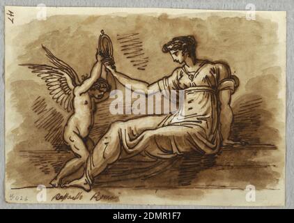 Venus and Cupid, Felice Giani, Italian, 1758–1823, Pen and brown ink, brush and brown wash, over traces of black chalk white wove paper, On verso: two studies of sarcophagus after antique, Italy, Italy, 1810–20, figures, Sketchbook folio, Sketchbook folio Stock Photo